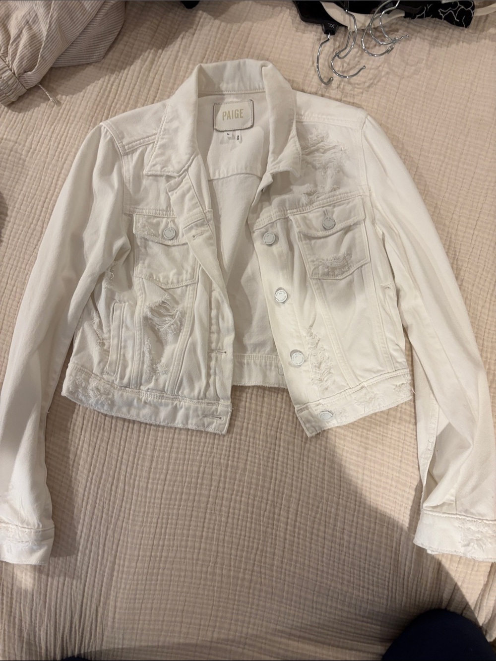 PAIGE White Cropped Distressed Denim Jacket